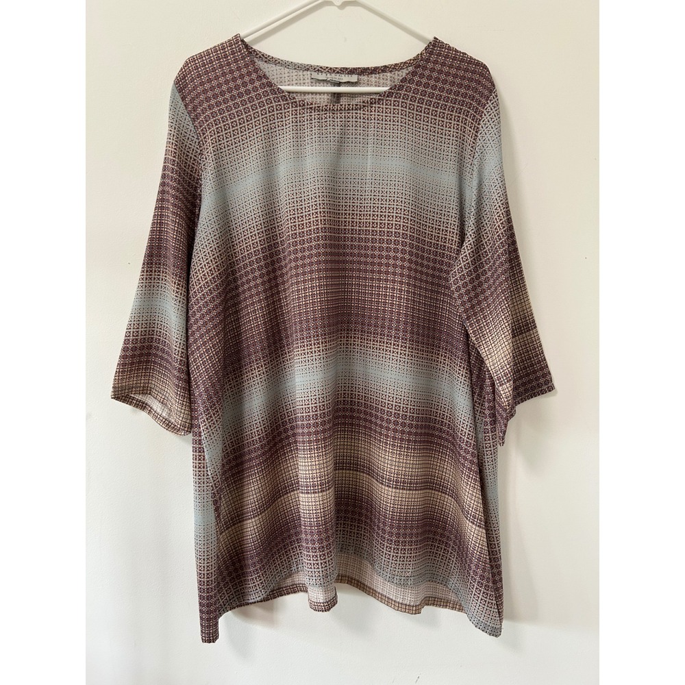 Bryn Walker Printed Tunic Top Womens XL Brown Blue Lagenlook 3/4 Sleeve Blouse‎